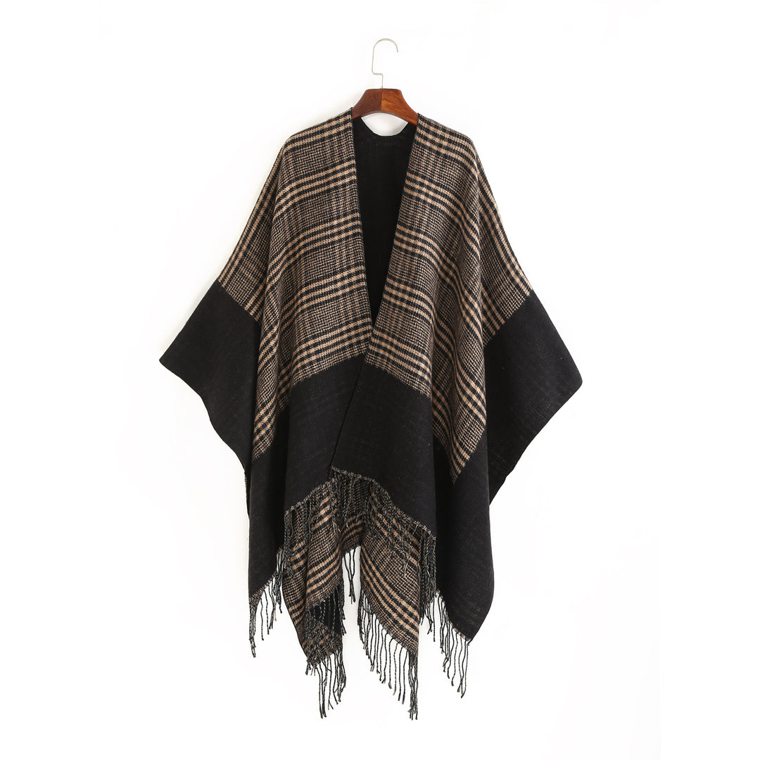 Damen Oversize-Ruana mit Glencheck-Jacquard und Fransensaum Echo Archiv