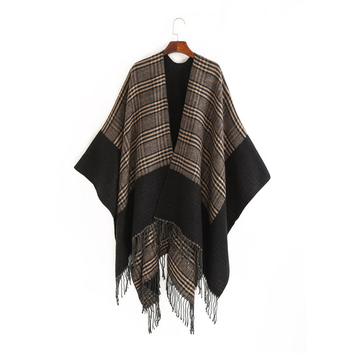 Damen Oversize-Ruana mit Glencheck-Jacquard und Fransensaum Echo Archiv
