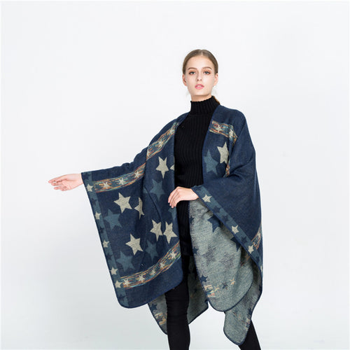 Damen Jacquard‑Ruana‑Poncho mit Sternjacquard und weichfallender Oversize‑Silhouette Echo Archiv