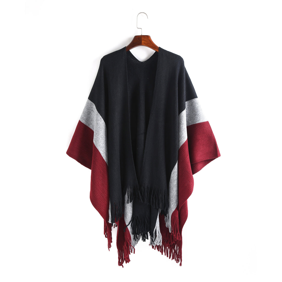 Damen Oversize‑Strickruana mit V‑Ausschnitt, offenem Fall und Fransensaum – Veloura