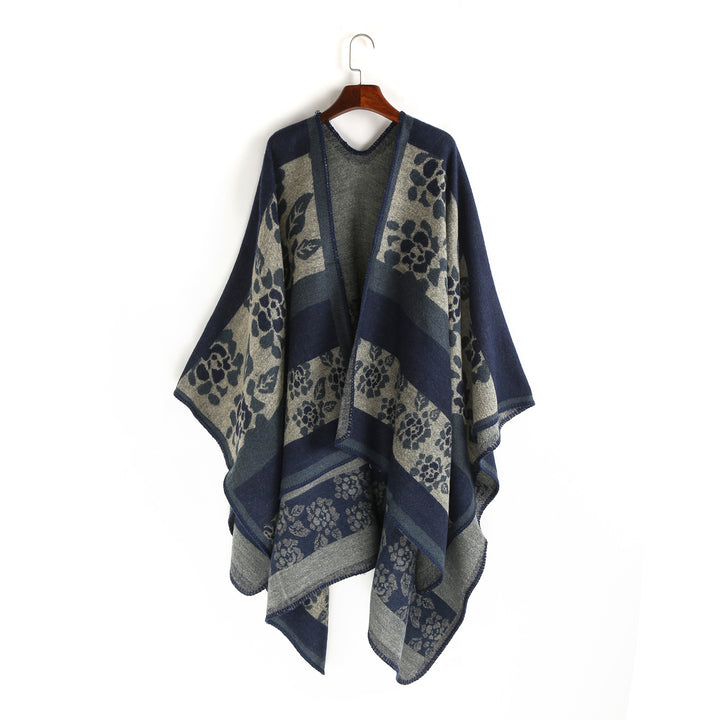 Damen Jacquard-Ruana-Überwurf mit floralem Intarsienmuster und offenem Fall – Montévia
