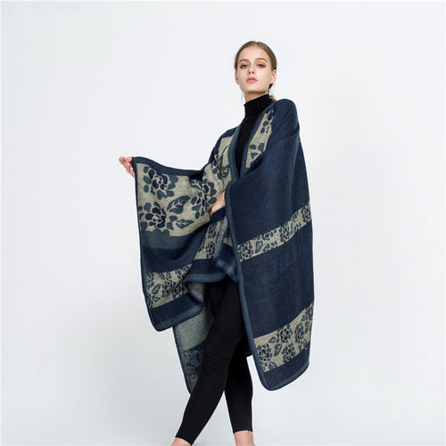 Damen Jacquard-Ruana-Überwurf mit floralem Intarsienmuster und offenem Fall – Montévia