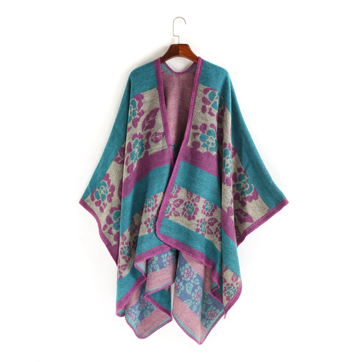 Damen Jacquard-Ruana-Überwurf mit floralem Intarsienmuster und offenem Fall – Montévia
