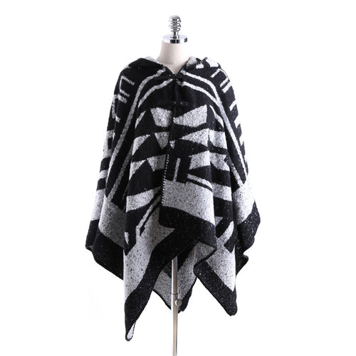 Damen Kapuzen-Poncho aus Wollmix mit grafischem Jacquard-Design – Avérine