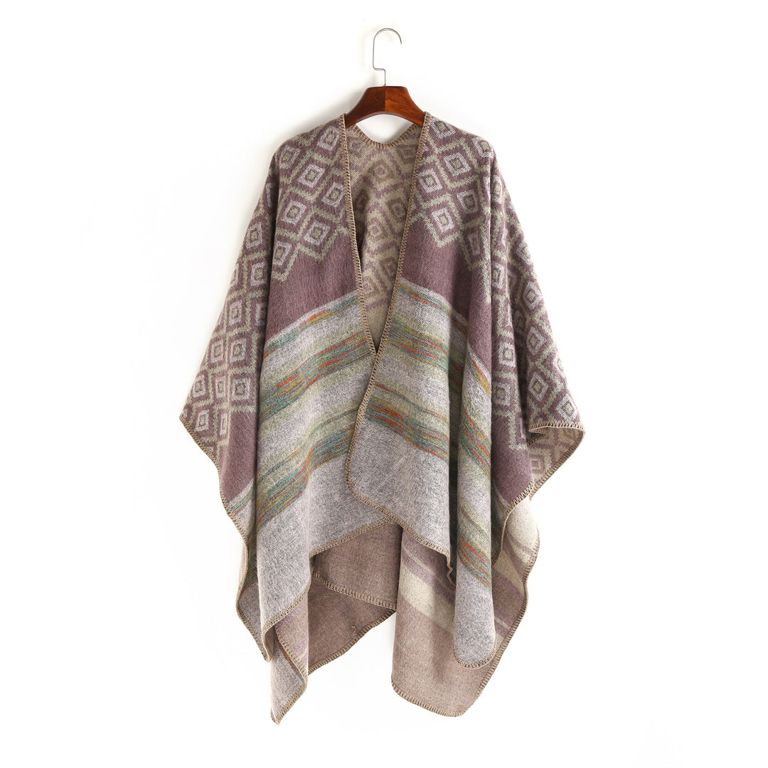 Damen Wolloptik-Ruana mit gewebtem Quadratjacquard und Zierstichkante – Avérine