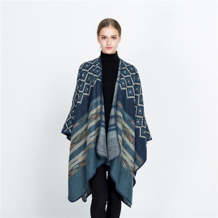 Damen Wolloptik-Ruana mit gewebtem Quadratjacquard und Zierstichkante – Avérine