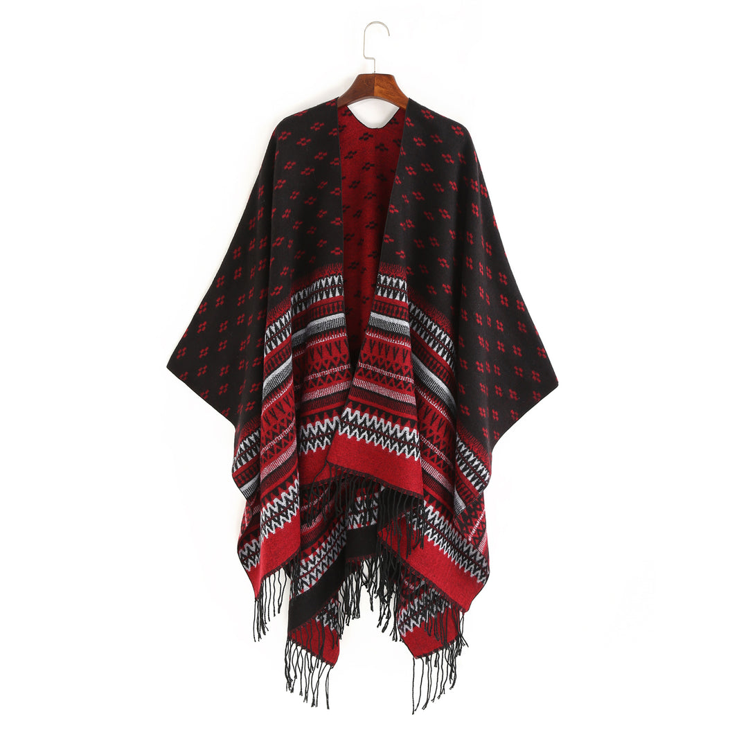 Damen Ruana-Poncho mit Jacquardmuster, Fransen und weichem Wollmix Echo Archiv