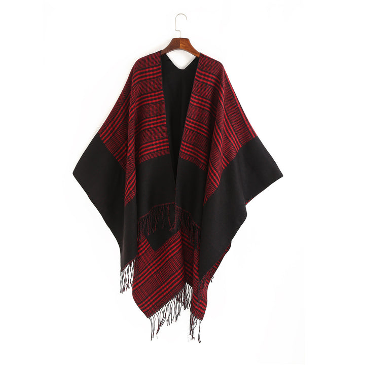 Damen Oversize-Ruana mit Glencheck-Jacquard und Fransensaum Echo Archiv