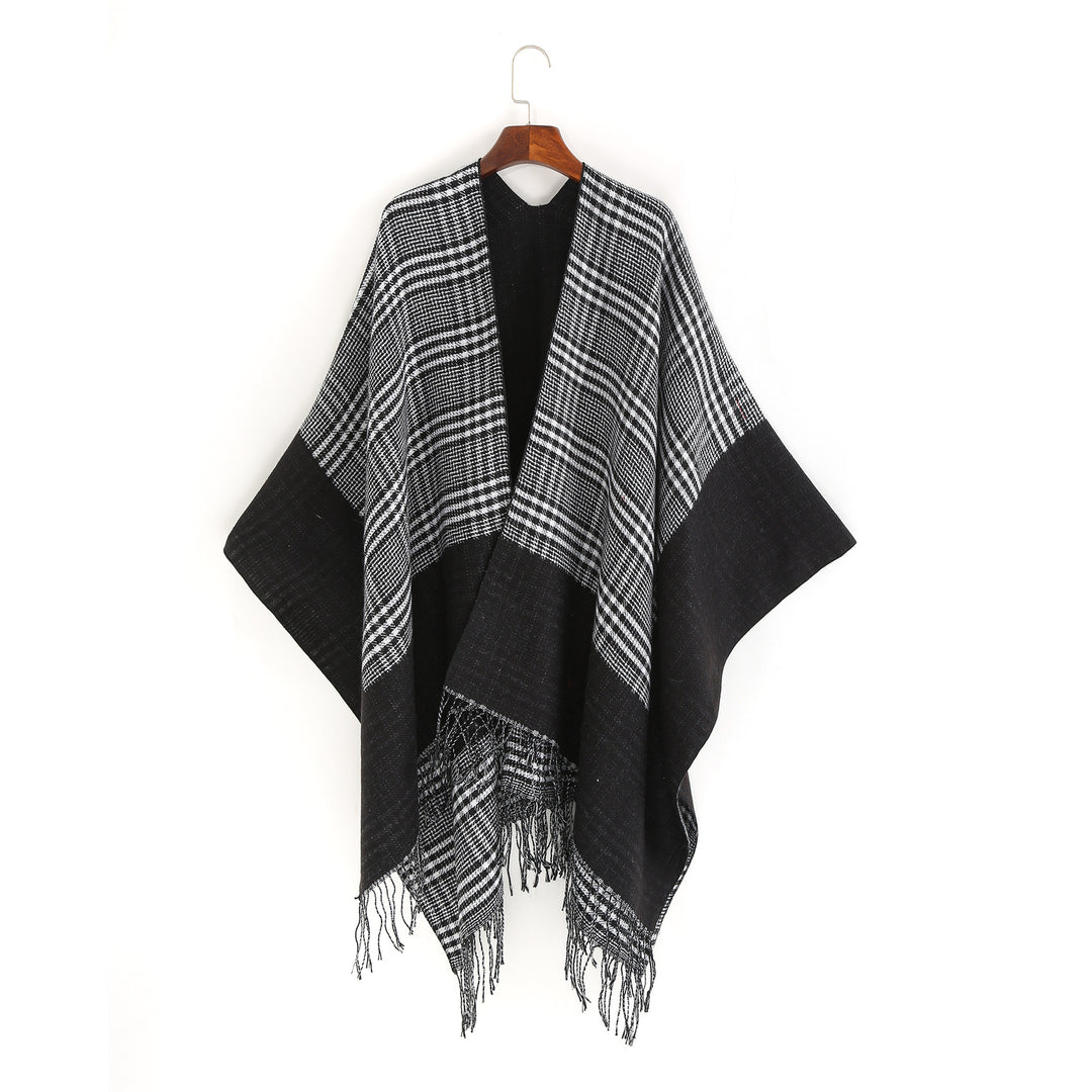 Damen Oversize-Ruana mit Glencheck-Jacquard und Fransensaum Echo Archiv