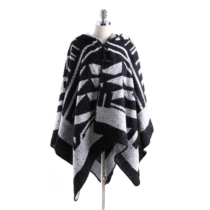 Damen Kapuzen-Poncho aus Wollmix mit grafischem Jacquard-Design – Avérine