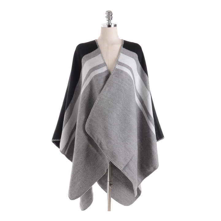 Damen Cape‑Ruana‑Poncho aus feinem Wollmix mit kontrastierter Kettelnaht – Montévia