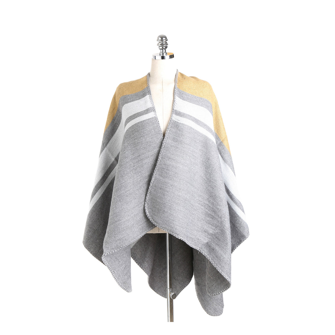 Damen Cape‑Ruana‑Poncho aus feinem Wollmix mit kontrastierter Kettelnaht – Montévia