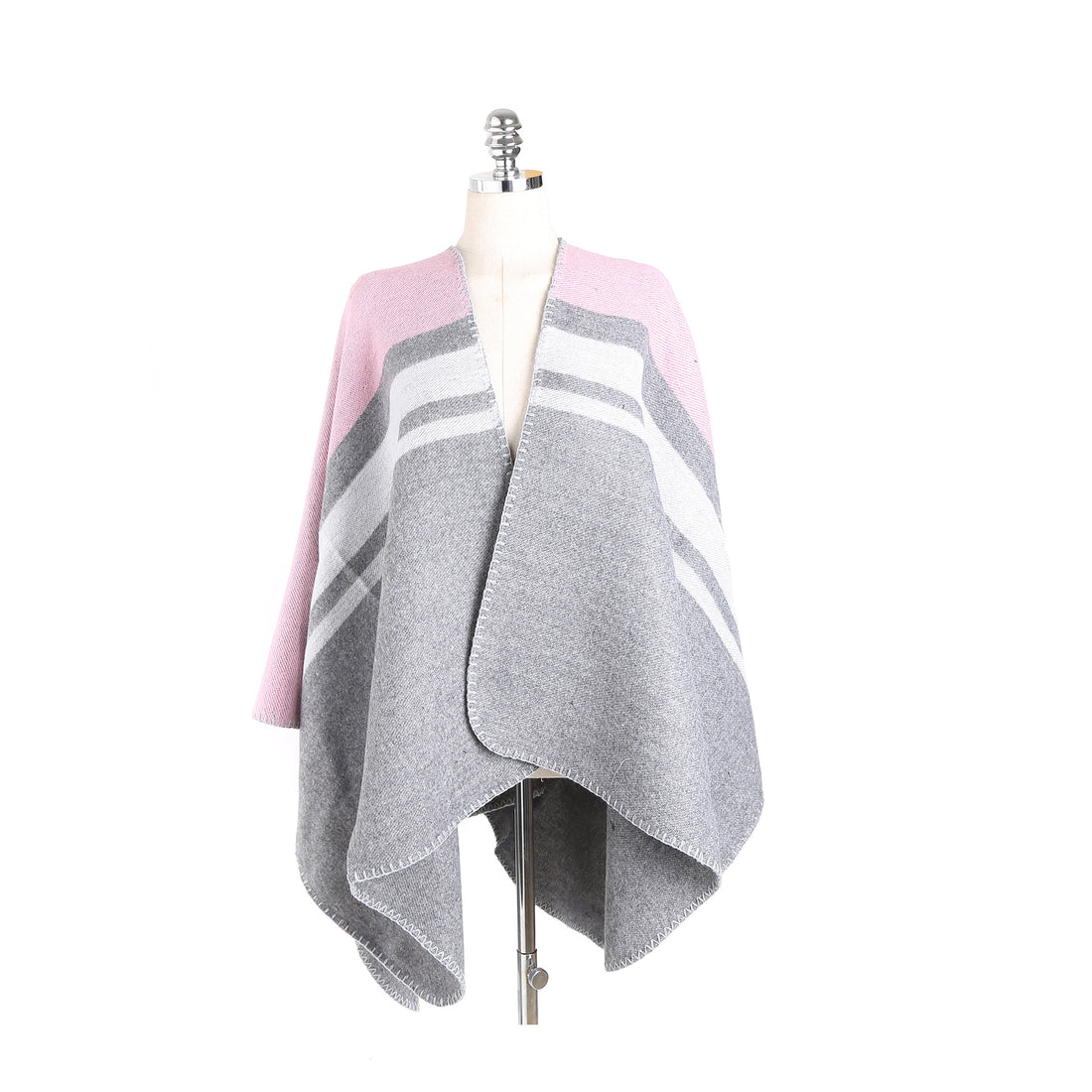 Damen Cape‑Ruana‑Poncho aus feinem Wollmix mit kontrastierter Kettelnaht – Montévia