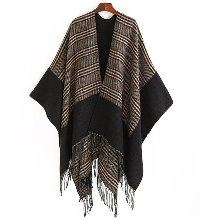 Damen Oversize-Ruana mit Glencheck-Jacquard und Fransensaum Echo Archiv