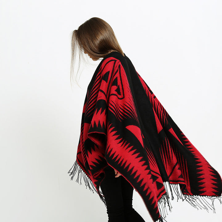 Damen Azteken-Jacquard-Ruana mit Fransen und offenem V-Ausschnitt Echo Archiv