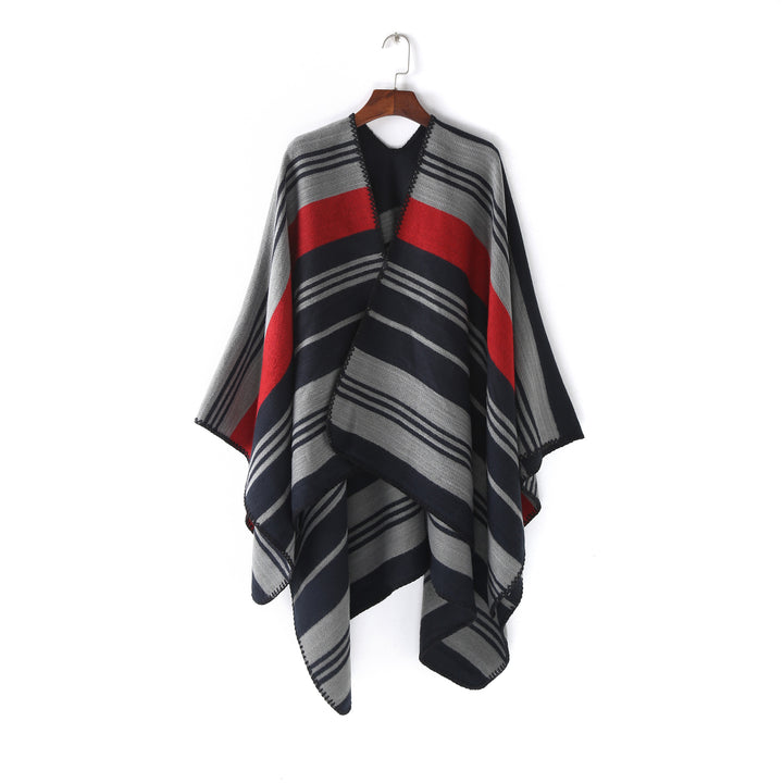 Damen Oversize‑Ruana‑Überwurf mit gestreiftem Jacquard und Zierstichkante – Avérine