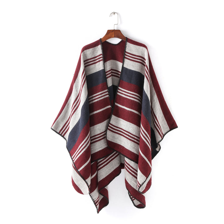 Damen Oversize‑Ruana‑Überwurf mit gestreiftem Jacquard und Zierstichkante – Avérine