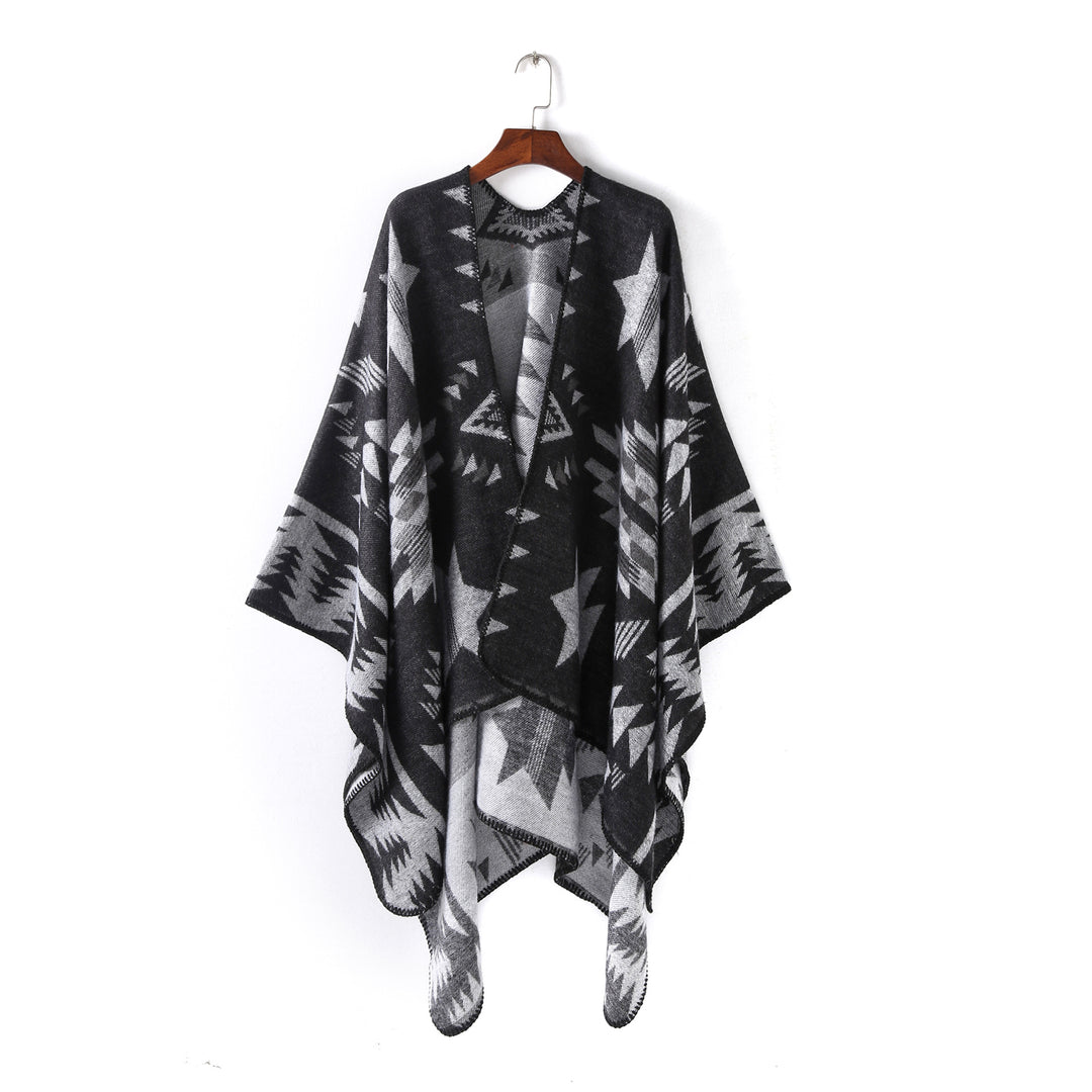 Damen Wollmix-Ruanaüberwurf im Oversize mit geometrischem Sterne-Jacquard – Veloura