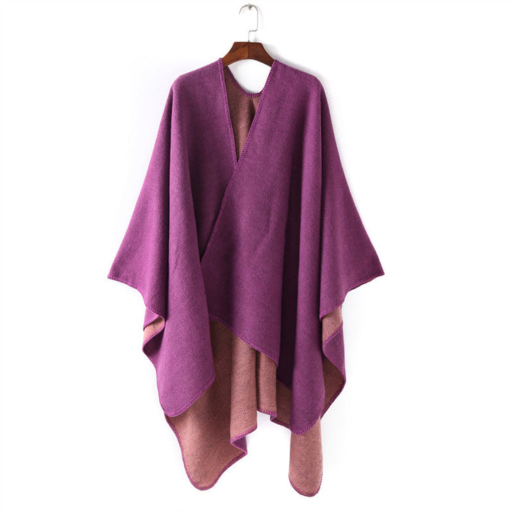 Damen Weichfallender Wende-Poncho‑Ruana aus Wollmix mit V‑Ausschnitt und Zierstich – Célinea