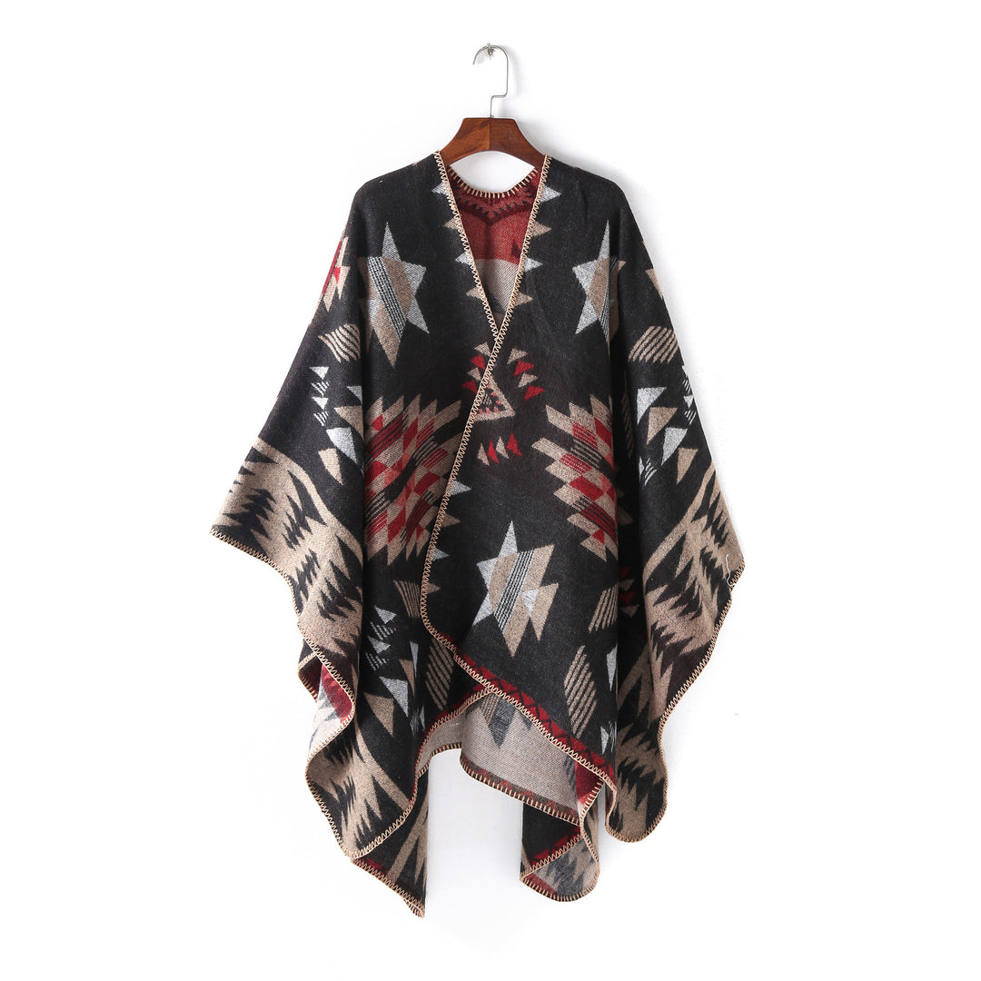 Damen Wollmix-Ruanaüberwurf im Oversize mit geometrischem Sterne-Jacquard – Veloura