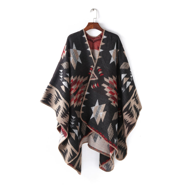 Damen Wollmix-Ruanaüberwurf im Oversize mit geometrischem Sterne-Jacquard – Veloura