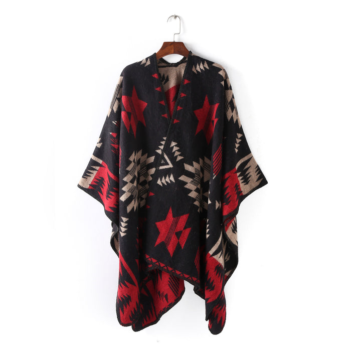 Damen Wollmix-Ruanaüberwurf im Oversize mit geometrischem Sterne-Jacquard – Veloura