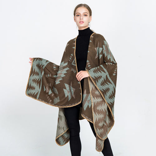 Damen Wollmix-Ruanaüberwurf im Oversize mit geometrischem Sterne-Jacquard – Veloura
