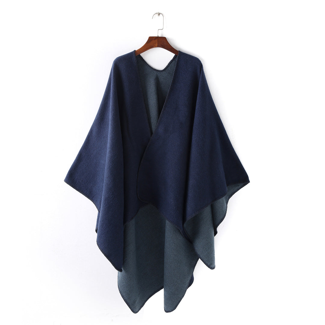 Damen Weichfallender Wende-Poncho‑Ruana aus Wollmix mit V‑Ausschnitt und Zierstich – Célinea