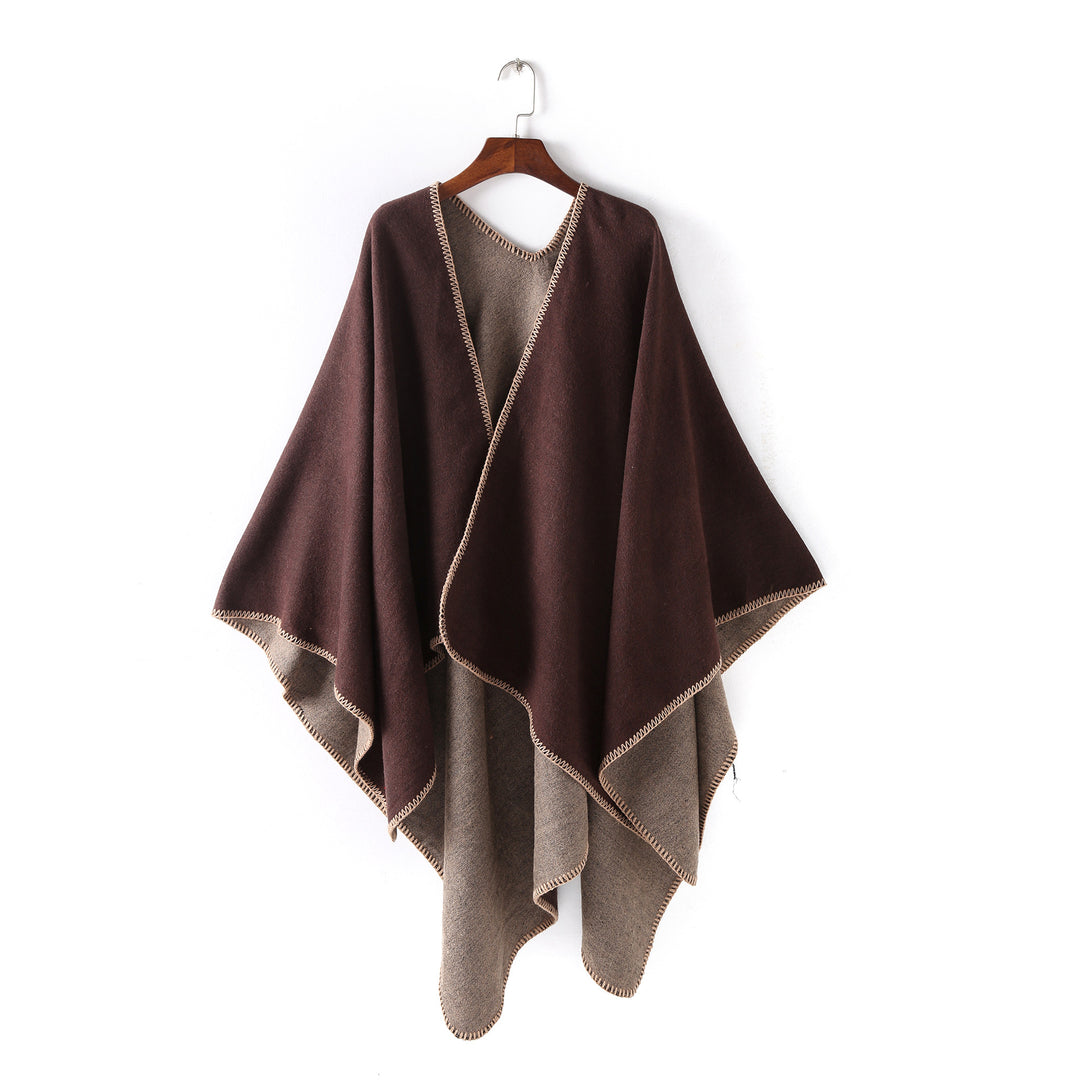 Damen Weichfallender Wende-Poncho‑Ruana aus Wollmix mit V‑Ausschnitt und Zierstich – Célinea