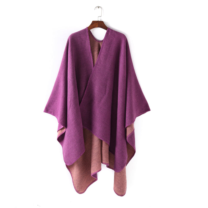 Damen Weichfallender Wende-Poncho‑Ruana aus Wollmix mit V‑Ausschnitt und Zierstich – Célinea