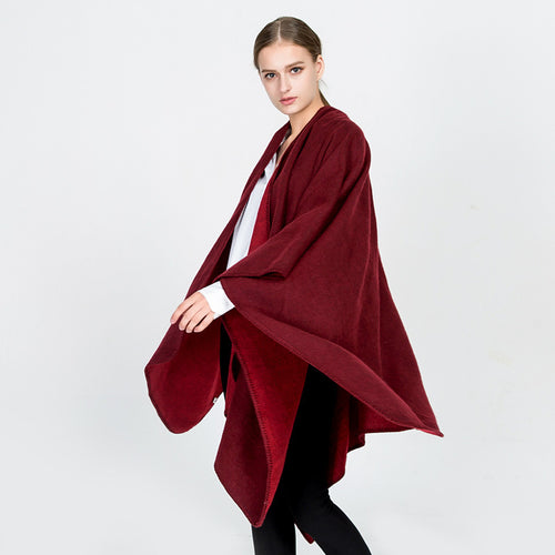 Damen Weichfallender Wende-Poncho‑Ruana aus Wollmix mit V‑Ausschnitt und Zierstich – Célinea