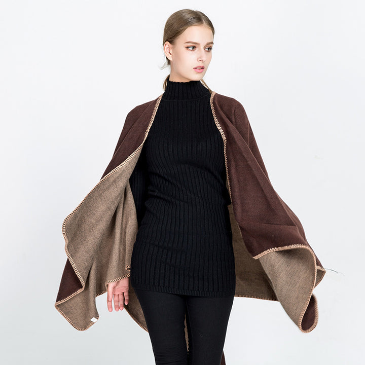 Damen Weichfallender Wende-Poncho‑Ruana aus Wollmix mit V‑Ausschnitt und Zierstich – Célinea