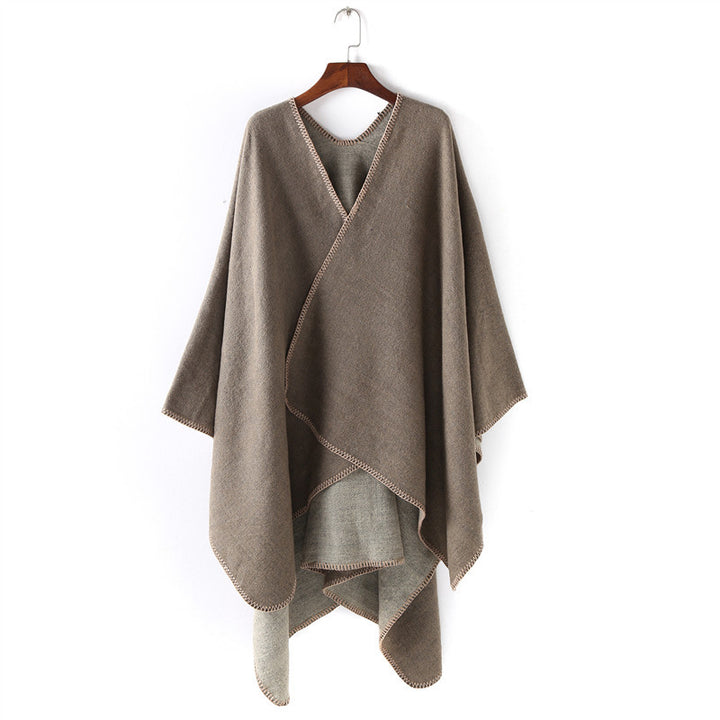 Damen Weichfallender Wende-Poncho‑Ruana aus Wollmix mit V‑Ausschnitt und Zierstich – Célinea