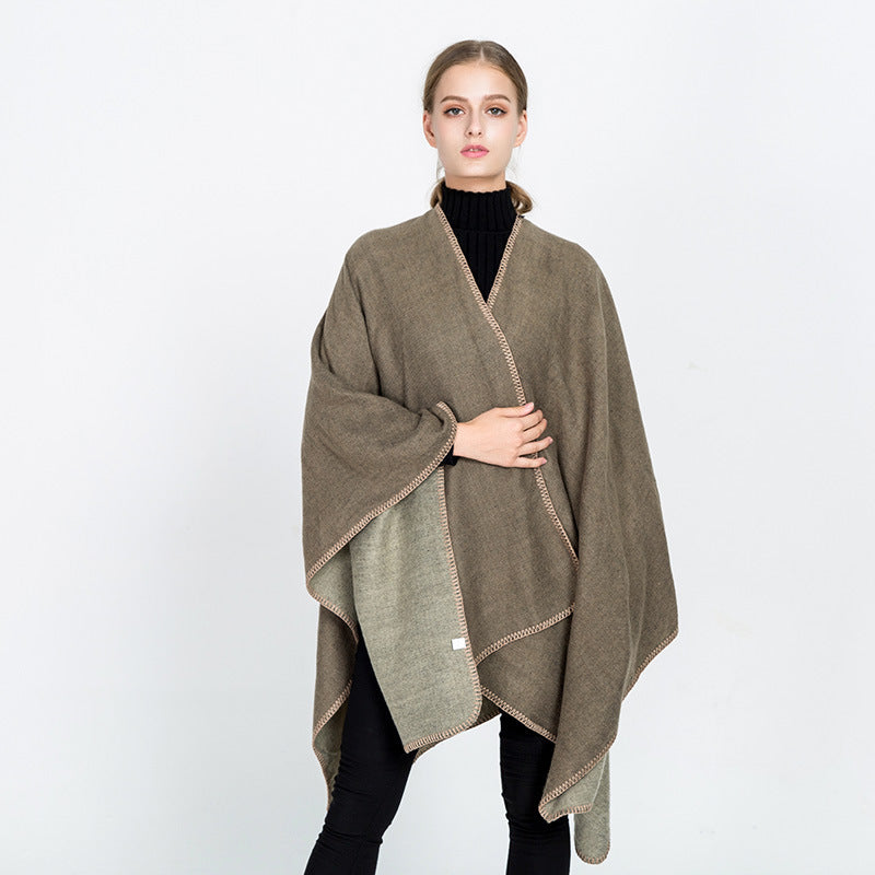 Damen Weichfallender Wende-Poncho‑Ruana aus Wollmix mit V‑Ausschnitt und Zierstich – Célinea
