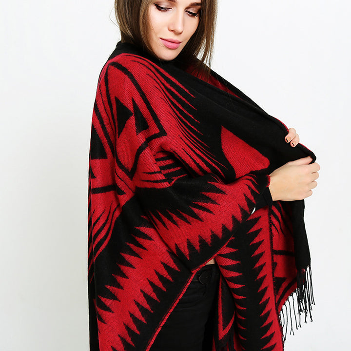 Damen Azteken-Jacquard-Ruana mit Fransen und offenem V-Ausschnitt Echo Archiv