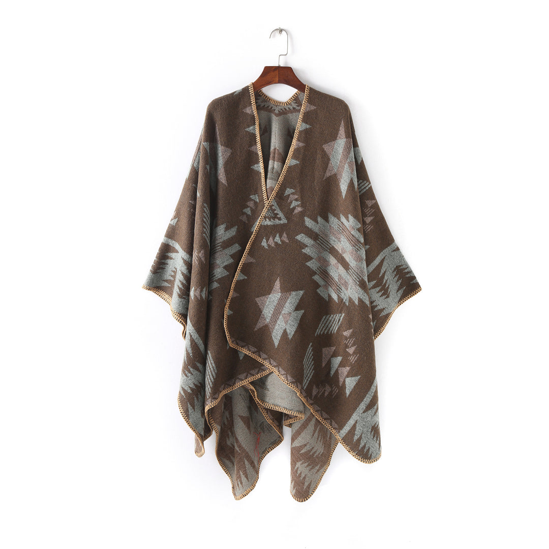 Damen Wollmix-Ruanaüberwurf im Oversize mit geometrischem Sterne-Jacquard – Veloura