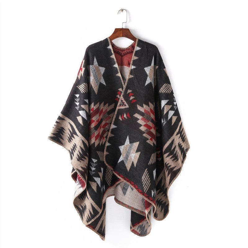 Damen Wollmix-Ruanaüberwurf im Oversize mit geometrischem Sterne-Jacquard – Veloura