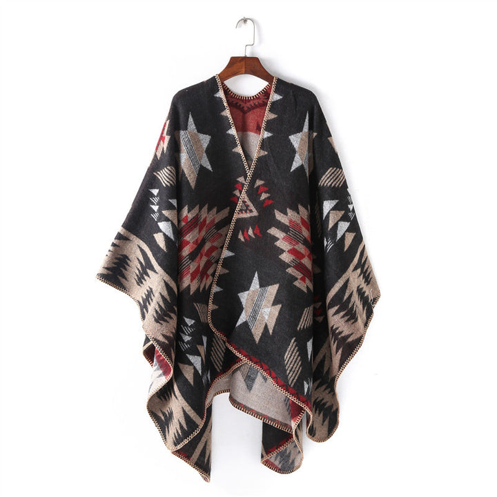Damen Wollmix-Ruanaüberwurf im Oversize mit geometrischem Sterne-Jacquard – Veloura