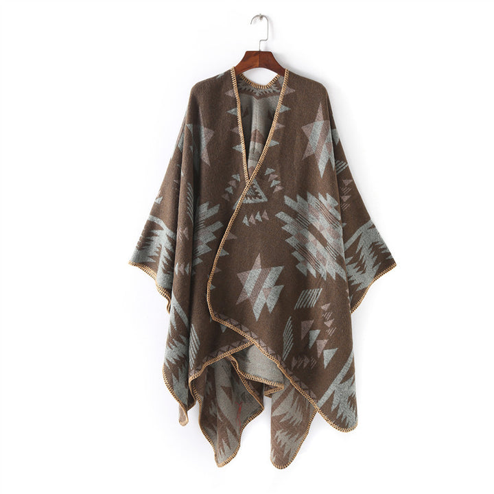 Damen Wollmix-Ruanaüberwurf im Oversize mit geometrischem Sterne-Jacquard – Veloura