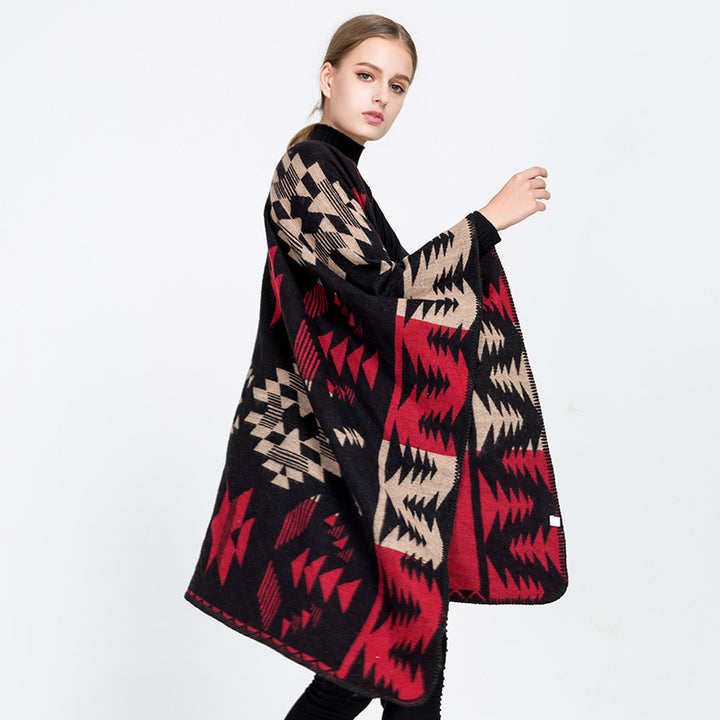 Damen Wollmix-Ruanaüberwurf im Oversize mit geometrischem Sterne-Jacquard – Veloura