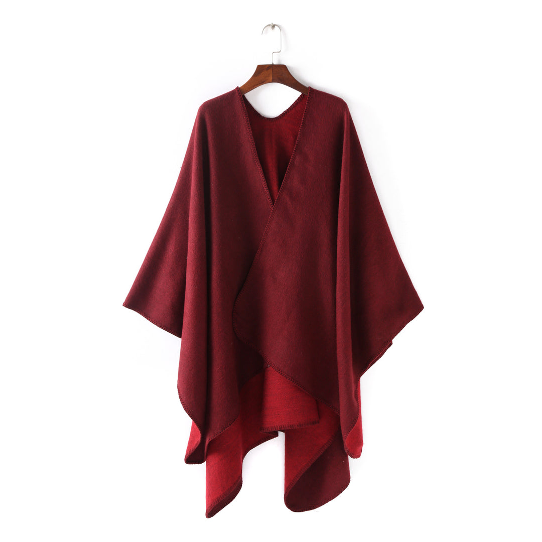 Damen Weichfallender Wende-Poncho‑Ruana aus Wollmix mit V‑Ausschnitt und Zierstich – Célinea