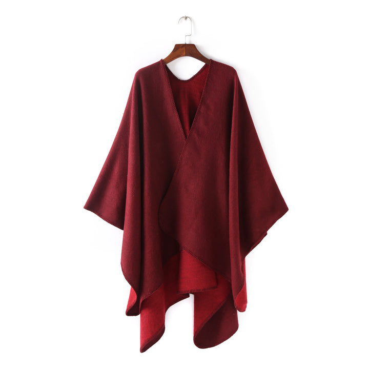 Damen Weichfallender Wende-Poncho‑Ruana aus Wollmix mit V‑Ausschnitt und Zierstich – Célinea
