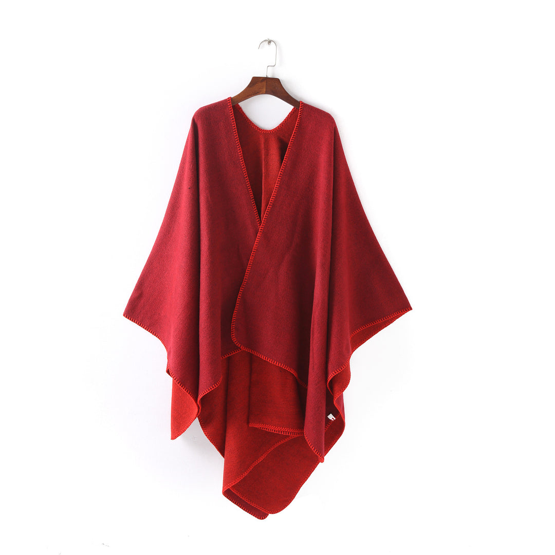 Damen Weichfallender Wende-Poncho‑Ruana aus Wollmix mit V‑Ausschnitt und Zierstich – Célinea