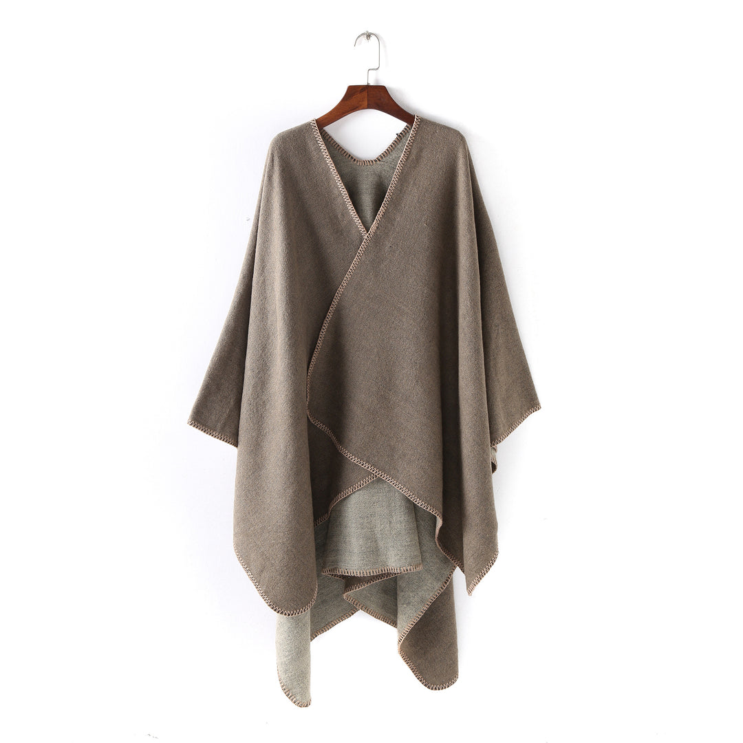 Damen Weichfallender Wende-Poncho‑Ruana aus Wollmix mit V‑Ausschnitt und Zierstich – Célinea