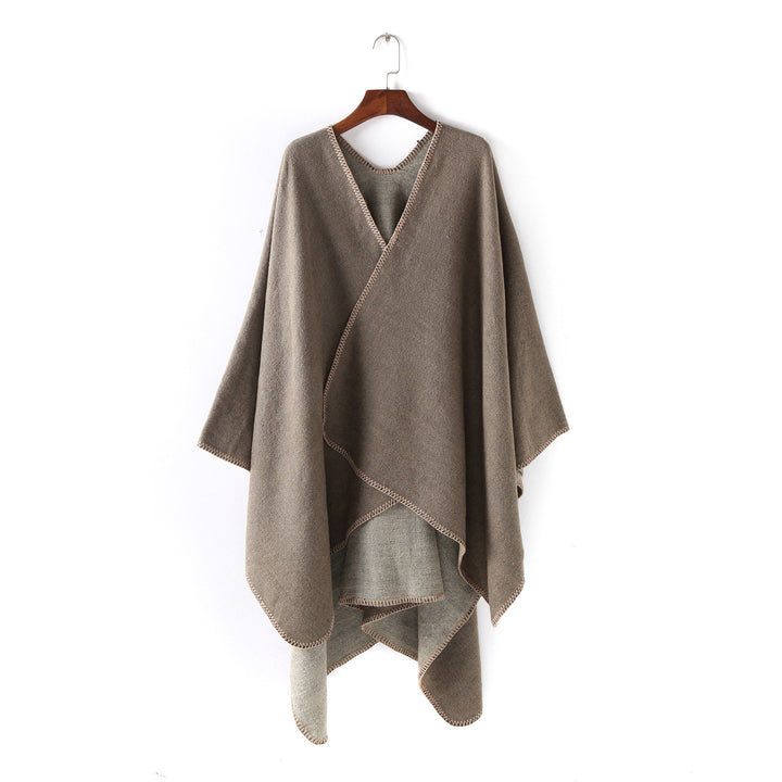 Damen Weichfallender Wende-Poncho‑Ruana aus Wollmix mit V‑Ausschnitt und Zierstich – Célinea