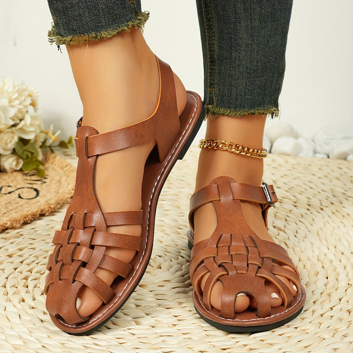 Echoarchiv | Gewebte Flache Sandalen für Damen Vintage Stil, Geschlossener Zeh, Schnallenverschluss