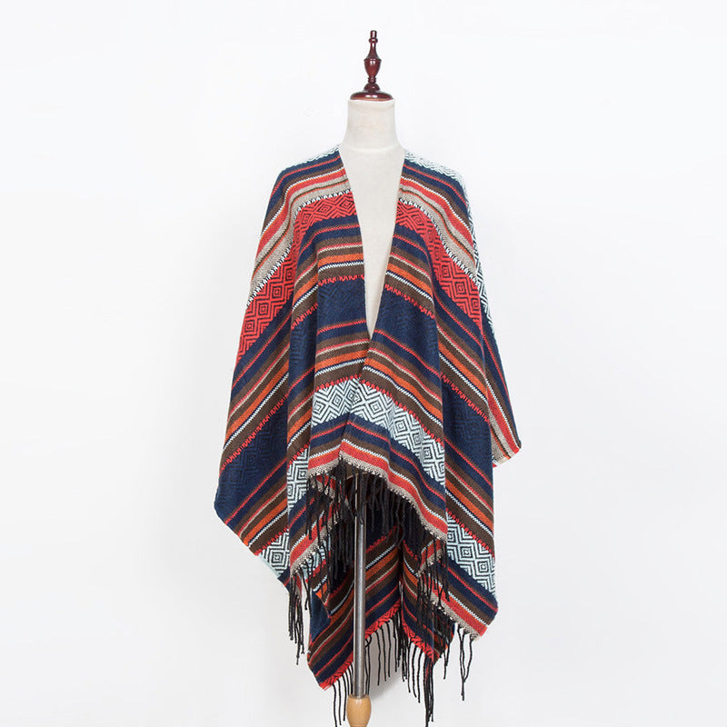 Damen Offener Oversize-Serape-Poncho im Ethno-Jacquard mit langen Fransen Echo Archiv
