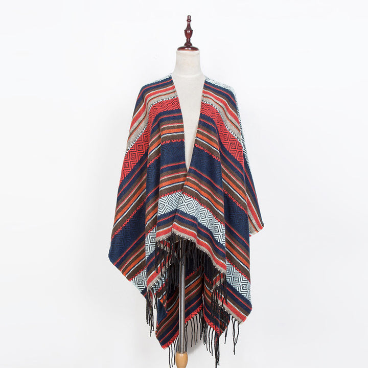Damen Offener Oversize-Serape-Poncho im Ethno-Jacquard mit langen Fransen Echo Archiv