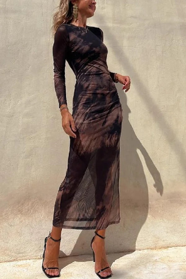 Echoarchiv | Charm Lady Mesh Overlay Tie Dye Print Langarm Rüsch Stretch Midi Kleid
