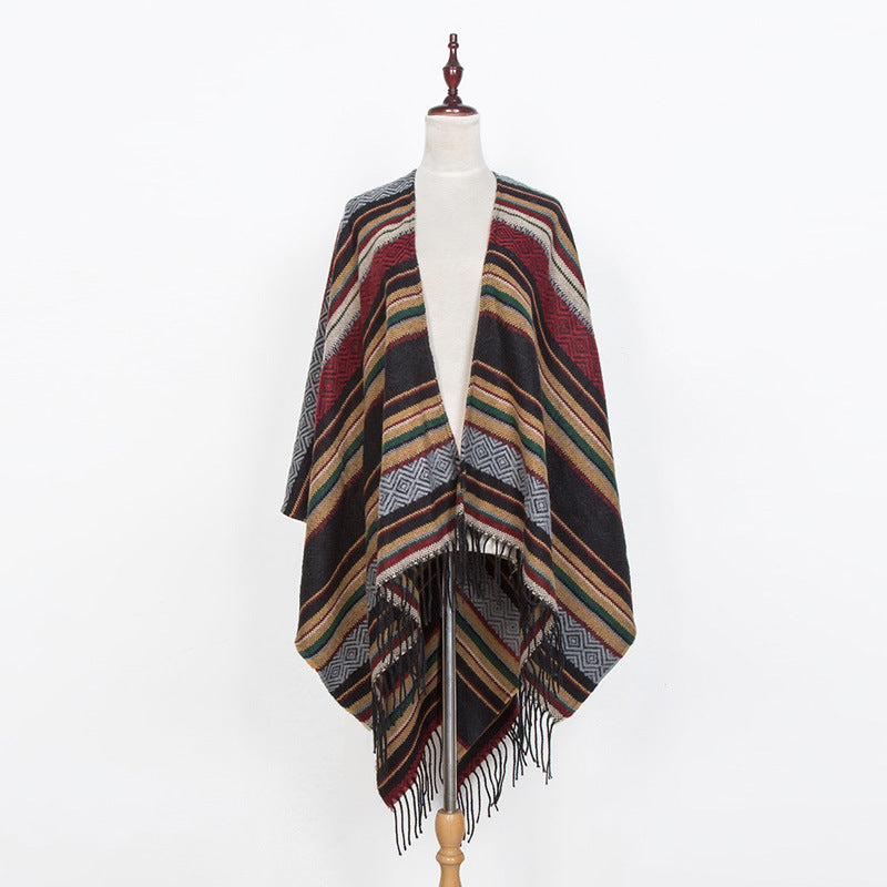 Damen Offener Oversize-Serape-Poncho im Ethno-Jacquard mit langen Fransen Echo Archiv